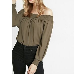 Express Top Off the Shoulder Brown Olive Green Long Sleeve XS